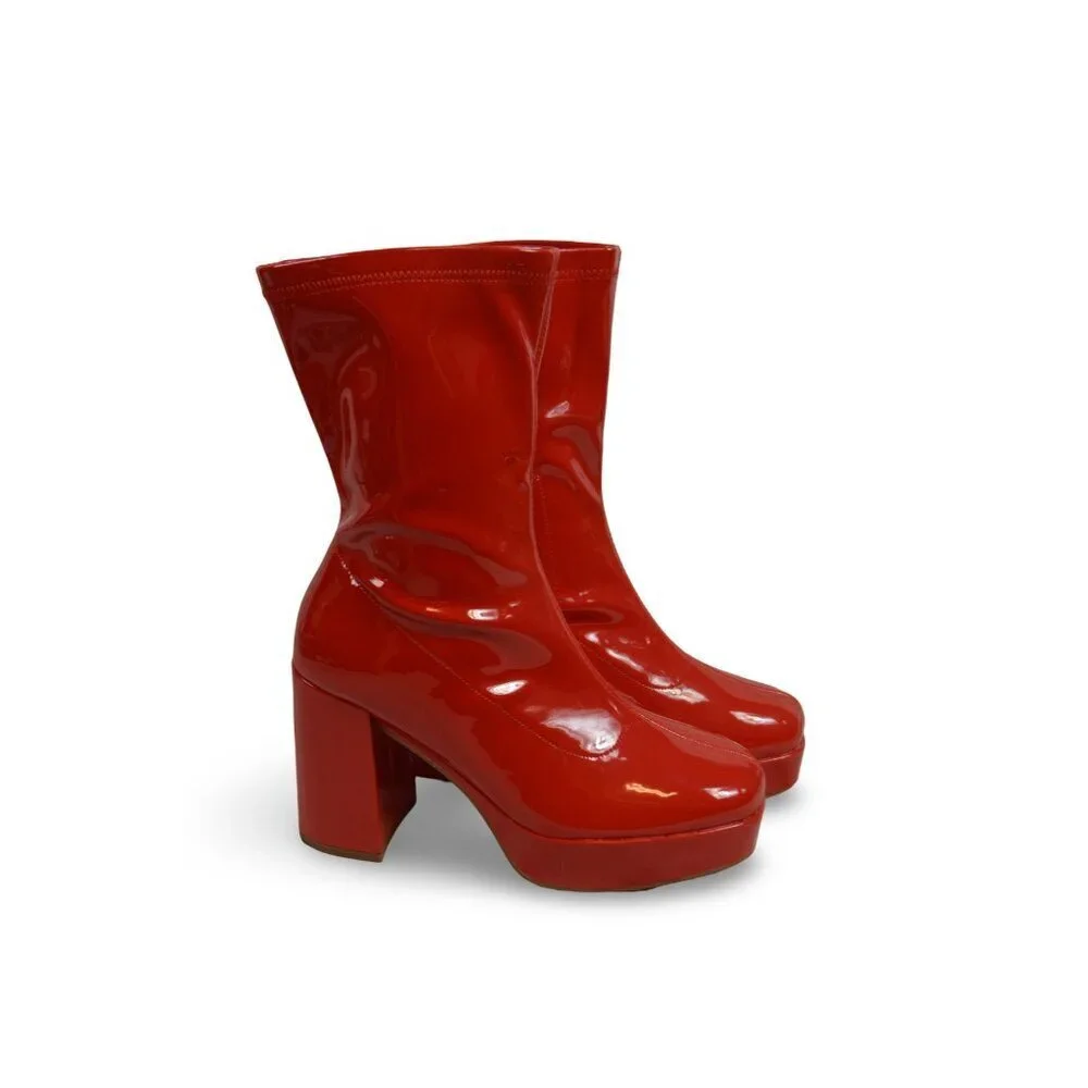 Dream Pairs Women Mid Calf Gogo Platform Boots Block Heel Square Toe Red 8.5